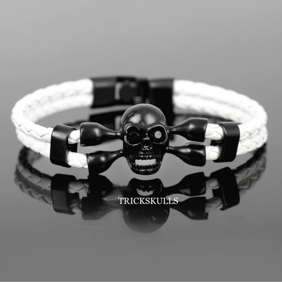 Womens Steel & Leather WHITE Braided Skull Bangle Bracelet 8 1/4” New & Sealed! - Picture 9 of 10